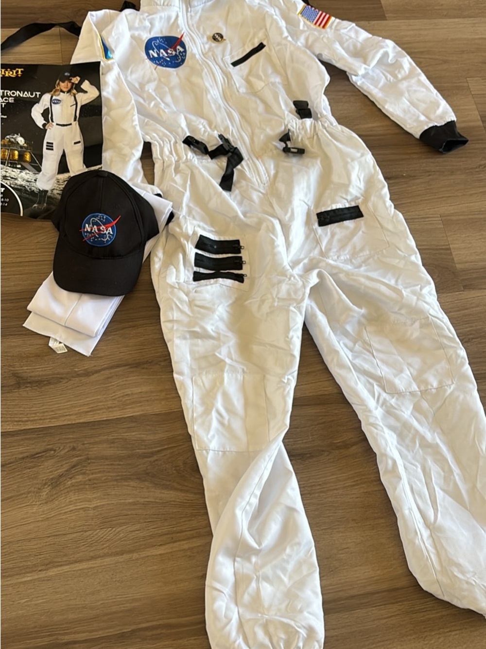 NASA White Astronaut Jumpsuit Costume with Black Logo Cap
